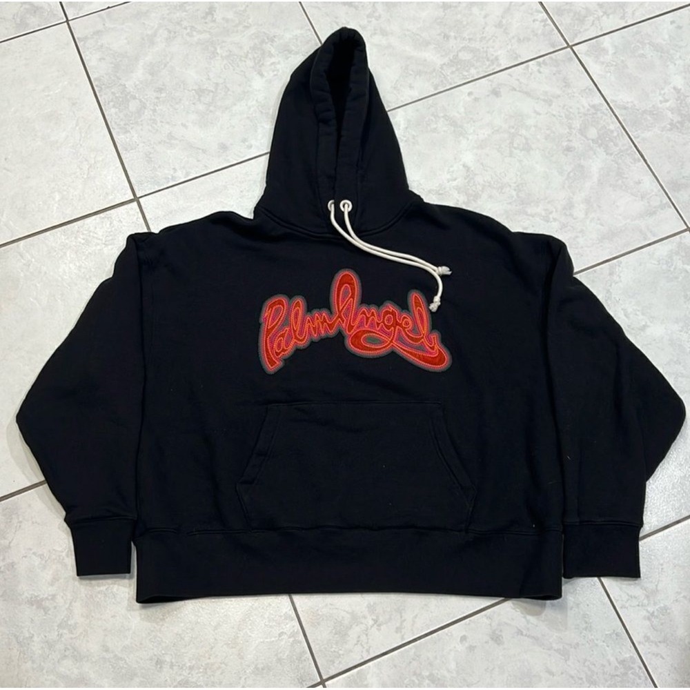 Palm Angels Cursive Logo Chenille Hoodie Black Men's - Medium - Kangaroo Pocket - Picture 2 of 10